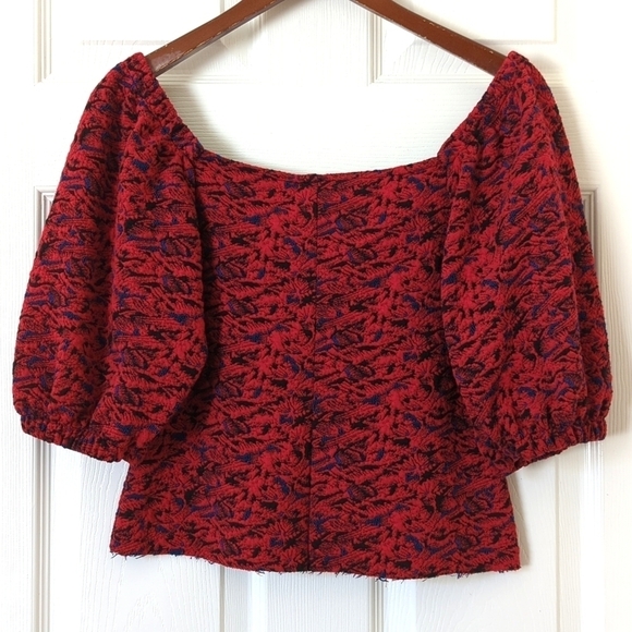 Free People Sunset Textured Puff Sleeve Square Neck Cropped Blouse Red Black S - Picture 8 of 10